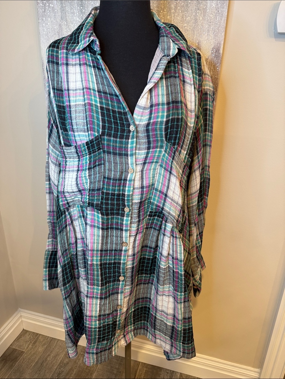 Free People Plaid Button-Down Tunic Shirt in Black, Green & Pink size Small